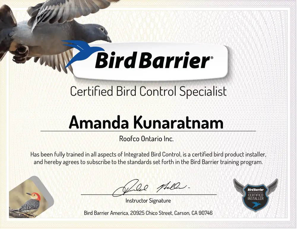 Bird Barrier Certified Bird Control Specialist certificate for Amanda Kunaratnam
