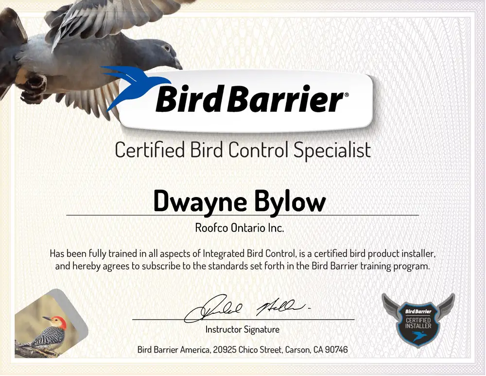 Bird Barrier Certified Bird Control Specialist certificate for Dwayne Bylow