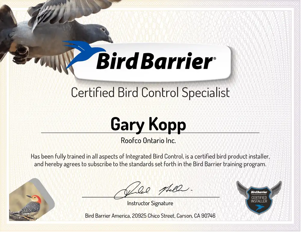 Bird Barrier Certified Bird Control Specialist certificate for Gary Kopp