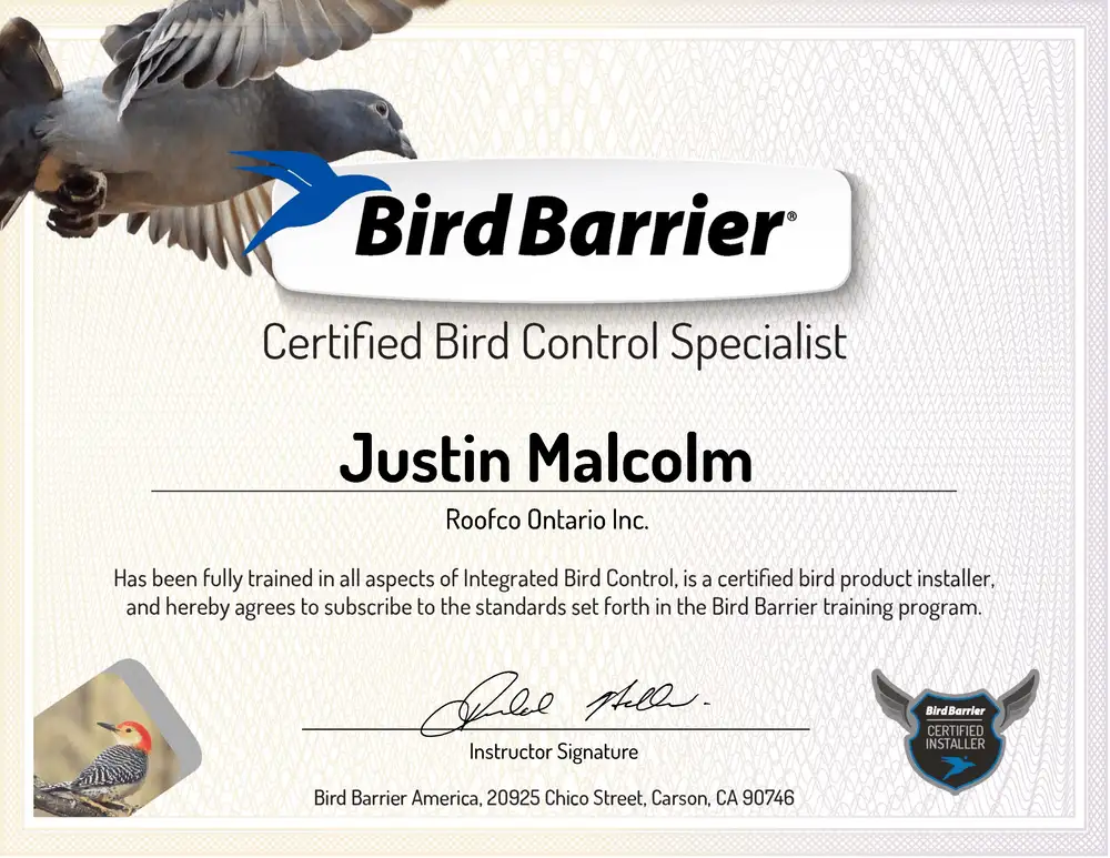 Bird Barrier Certified Bird Control Specialist certificate for Justin Malcolm