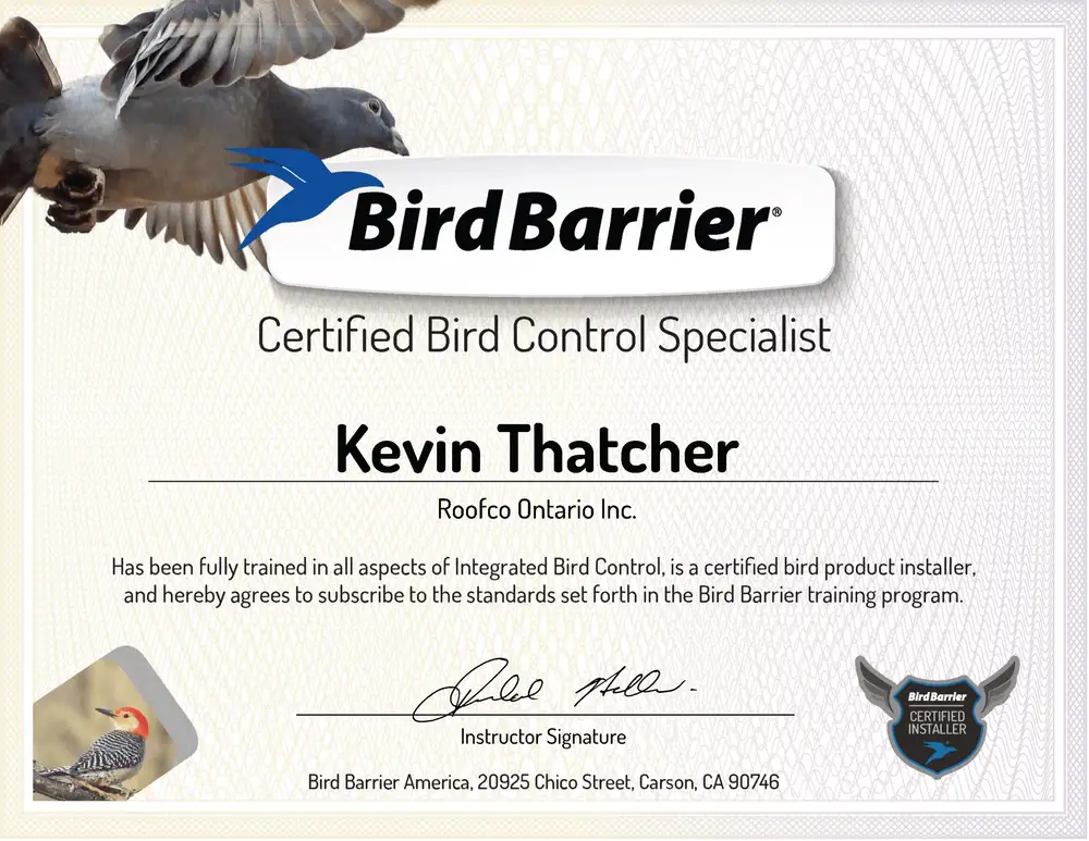 Bird Barrier Certified Bird Control Specialist certificate for Kevin Thatcher