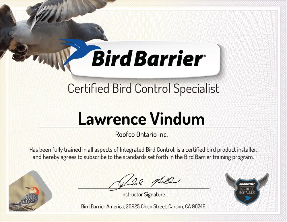 Bird Barrier Certified Bird Control Specialist certificate for Lawrence Vindum